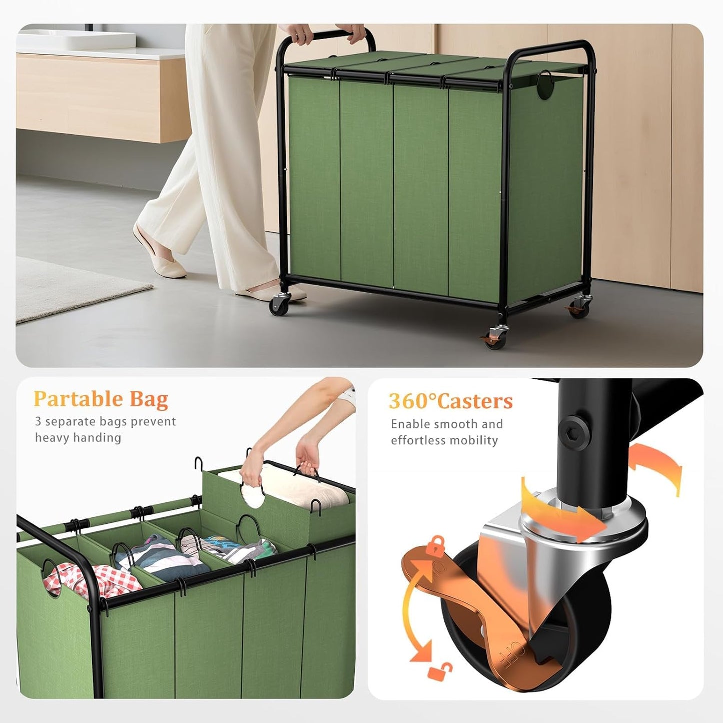180L (47.55 Gal) Laundry Sorter 3 Section, Rolling Laundry Basket with Lockable Wheels and Lid, Laundry Hamper with 3 Separated Removable Bags Dirty Clothes Hamper for Laundry Room Organizer, Black