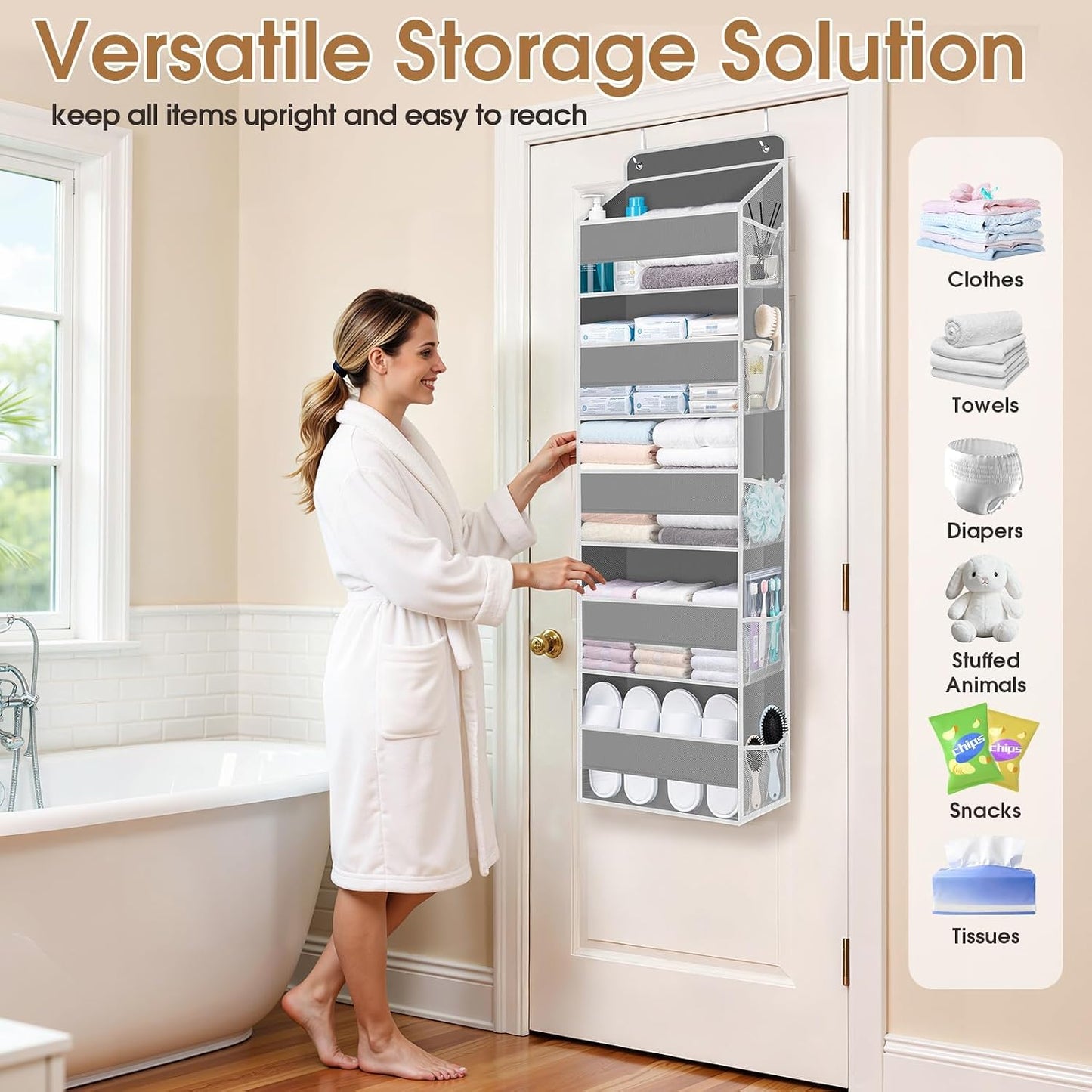 WISELIFE Over The Door Organizer Storage with 4 Large Pockets Door Hanging Organizer with Clear Windows behind The Door Storage for Nursery Bedroom Bathroom Pantry Closet and Baby Essentials Dark Grey