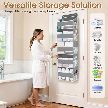 WISELIFE Over The Door Organizer Storage with 4 Large Pockets Door Hanging Organizer with Clear Windows behind The Door Storage for Nursery Bedroom Bathroom Pantry Closet and Baby Essentials Dark Grey
