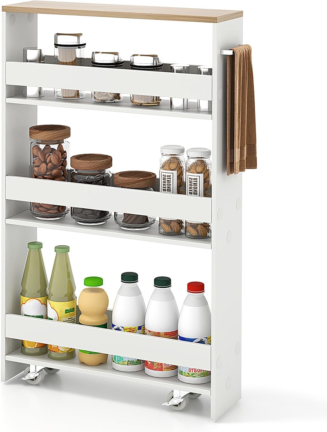 COSTWAY Slim Rolling Storage Cart, 4-Tier Rolling Utility Cart, Wood Kitchen Storage Cart with Handle & Wheels, Narrow Rolling Shelving Unit for Kitchen Bathroom Laundry Small Places (Plain White)