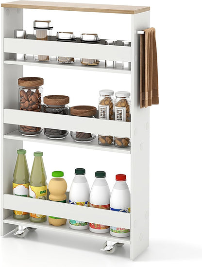 COSTWAY Slim Rolling Storage Cart, 4-Tier Rolling Utility Cart, Wood Kitchen Storage Cart with Handle & Wheels, Narrow Rolling Shelving Unit for Kitchen Bathroom Laundry Small Places (Plain White)