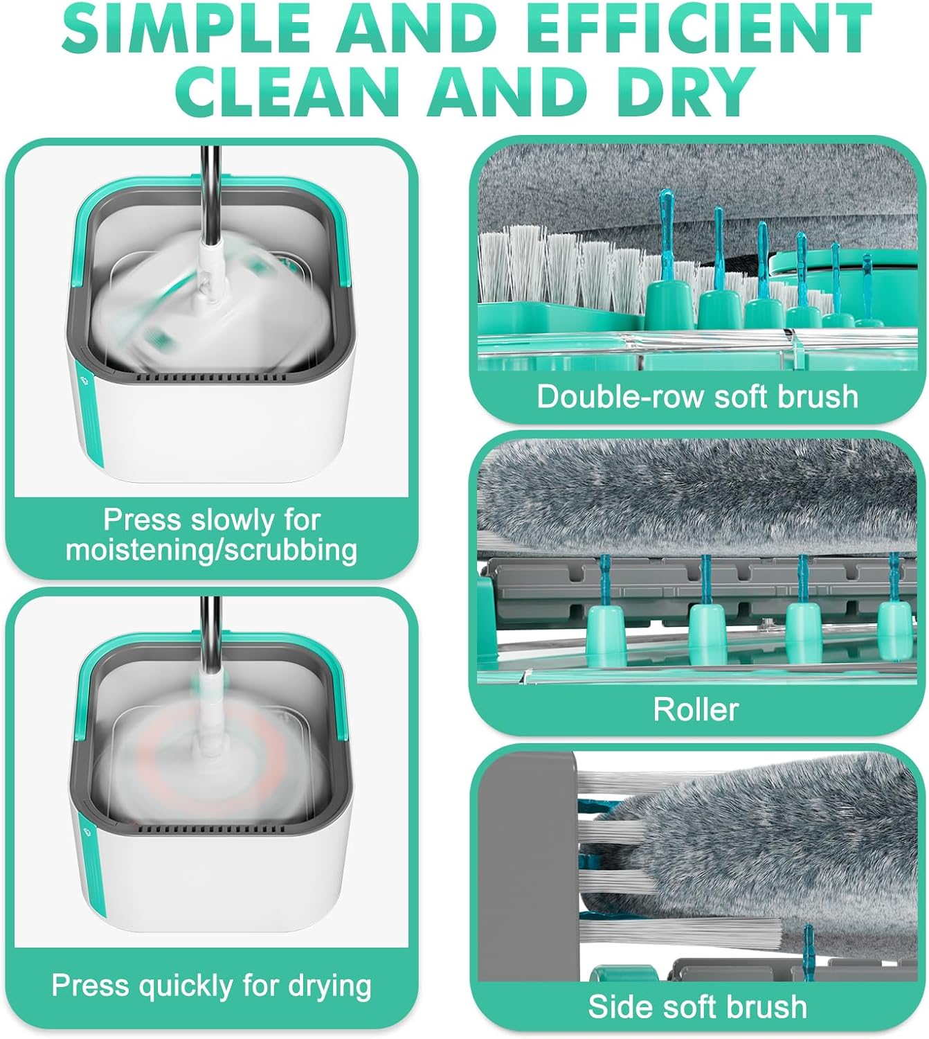 Spin Mop and Bucket Set with 2 Replaceable Microfiber Mop Pads with Self Separation Dirty and Clean Water System, Self Wringing 360° Rotating Square Mop Head for Hardwood Tile Marble Floors