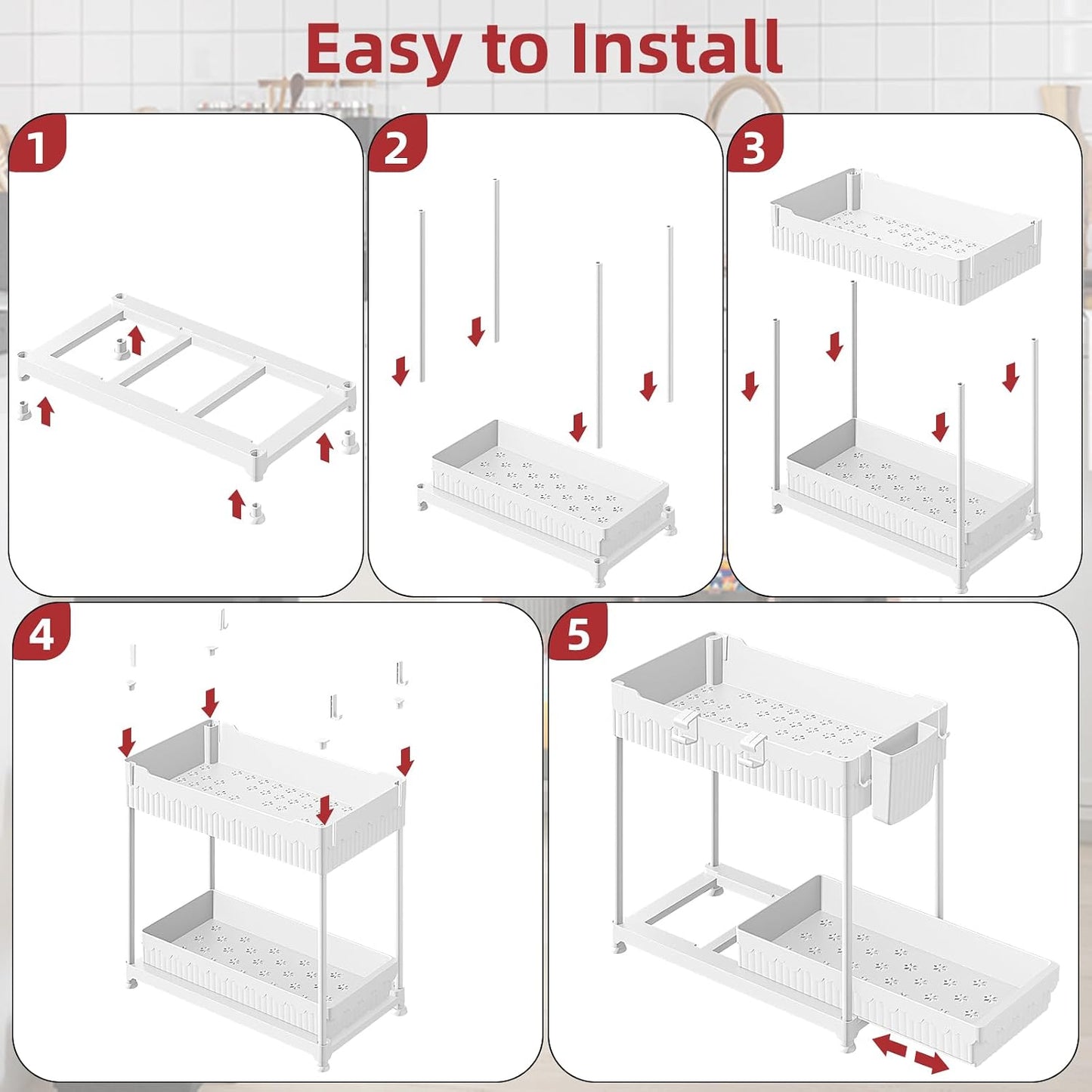 Sevenblue 4-Pack 2-Tier Under Sink Organizer with Pull Out Drawers | Multi-use kitchen & bathroom storage. Includes hanging hooks and cups. Black, space-saving cabinet design.