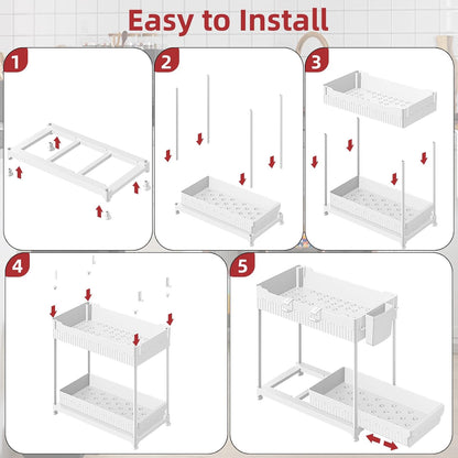 Sevenblue 4-Pack 2-Tier Under Sink Organizer with Pull Out Drawers | Multi-use kitchen & bathroom storage. Includes hanging hooks and cups. Black, space-saving cabinet design.