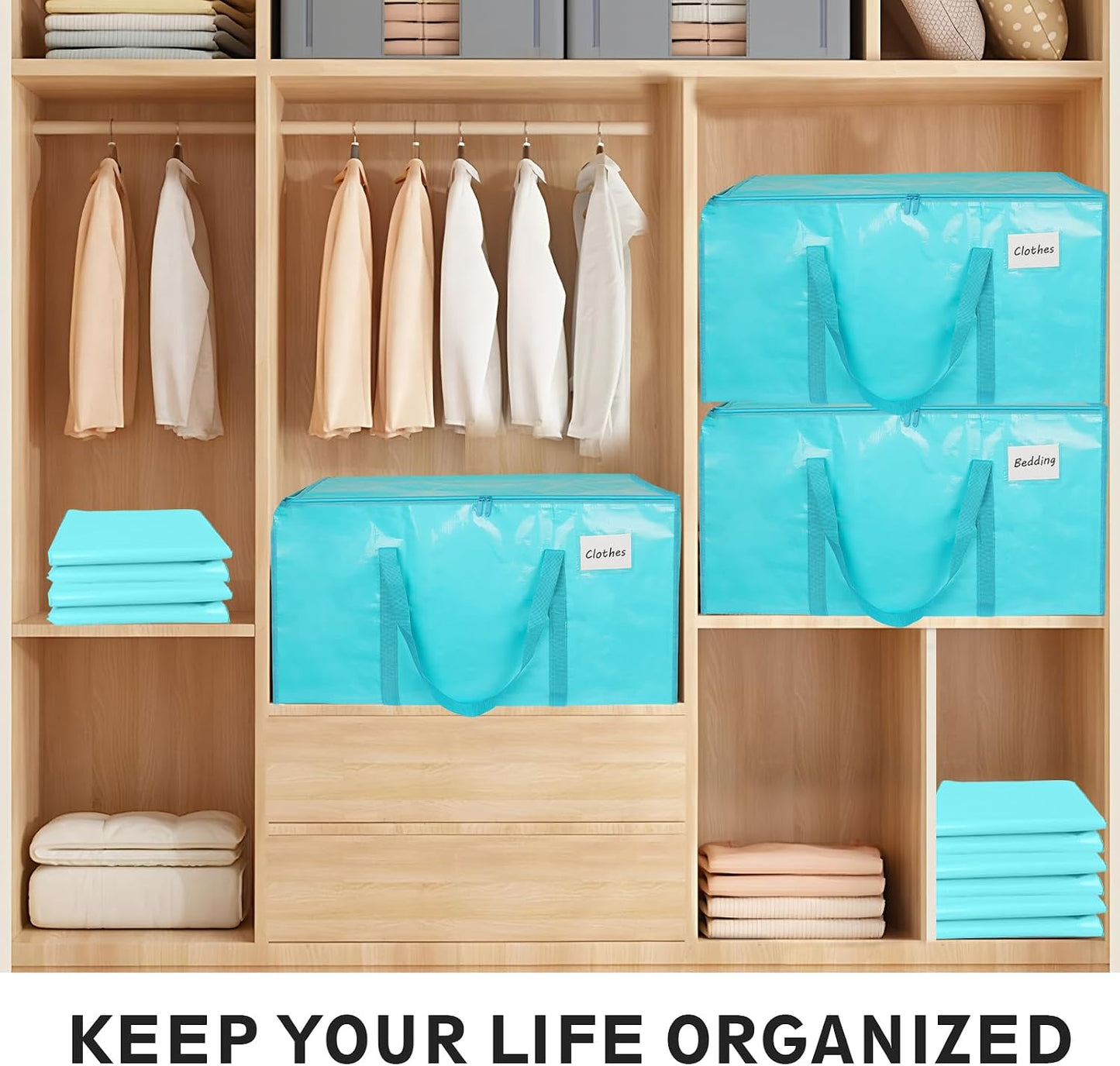 8 Pack-Extra Large Heavy Duty Moving Bags - Waterproof Storage Totes with Handles & Zippers, Foldable for College Dorm, Storage (Clear)