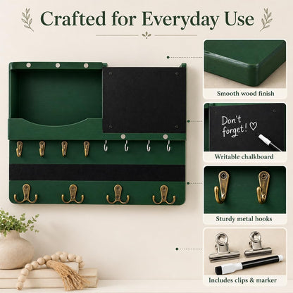 Key Holder for Wall Mount with Shelf and Mail Organizer, Key and Mail Holder with 16 Hooks, Farmhouse Entryway Organizer, Home Decor Rack (Pine Wood, Black)