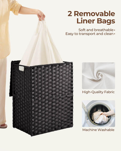 Greenstell Laundry Hamper with 2 Removable Liner Bags, Foldable Divided Clothes Hamper, 90L Handwoven Rattan Laundry Basket with Lid and Handles, No Assembly Needed, 18.3x13.3x24 Inches, Black