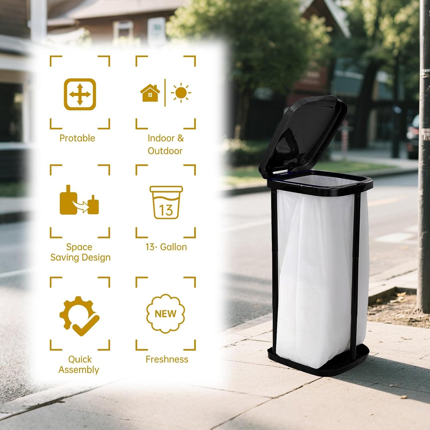 Portable Trash Bag Holder Collapsible Trash Can with Lid, Trash Can for Outdoor Indoor Camping, Kitchen, Party, 15 Gallon Trash Bag Stand