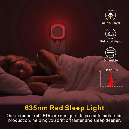 YUNLEX 2 Pack Red Night Light with Dusk to Dawn Sensor, Eye-Care Reflected Glow, 0% Blue Light True Red LED, 3-Level Brightness, Auto On/Off, Plug-in Nightlight for Sleep, Kids, Bedroom, Bathroom