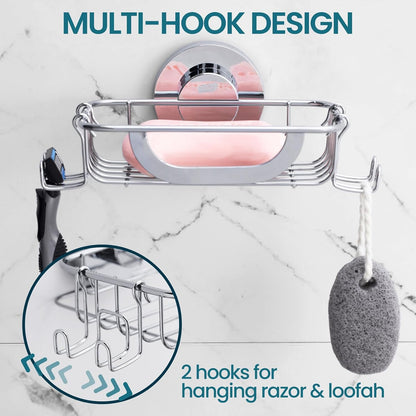 TAILI Soap Holder for Shower – Suction Cup Bar Soap Dish with Hooks, Rustproof Stainless Steel, Self-Draining Sponge Holder with Razor Holder for Bathroom & Kitchen, Black