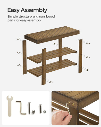 SONGMICS Shoe Rack Bench, 3-Tier Bamboo Shoe Storage Organizer, Entryway Bench, Holds Up to 286 lb, 11.3 x 27.6 x 17.8 Inches, for Entryway Bathroom Bedroom, Ink Black ULBS04H