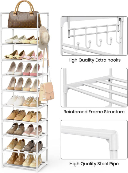 Narrow Shoe Rack 10 Tiers Tall Shoe Rack for Entryway Closet 20 24 Pairs Shoe & Boots Organizer Storage Shelf Durable Black Metal Stackable Shoe Cabinet with Hooks, 17.1D x 11.8W x 78.7H in