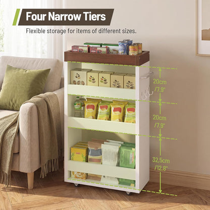 Slim Storage Cart, 4-Tier Rolling Utility Cart with Handle | Slide Out Organizer Trolley, Space Saving Narrow Shelf for Kitchen, Bathroom, Laundry Small Corners