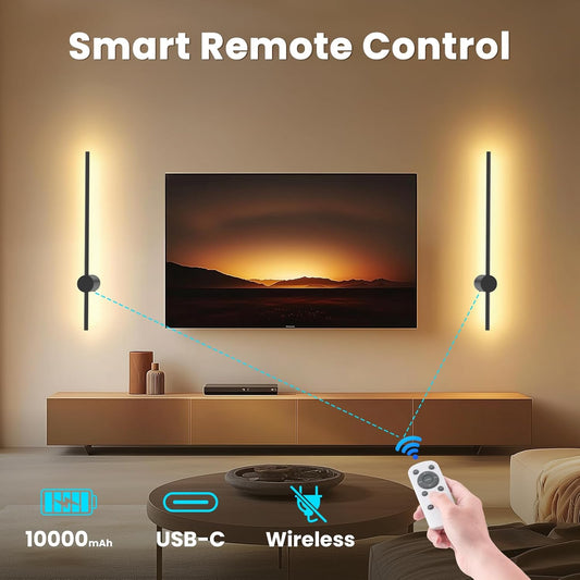 NIORSUN 35.4 Inch Battery Operated Wall Sconce Set of 2,Black Minimalist Rechargeable LED Wall Lights with Remote, 10 Colors Dimmable Wireless Wall Sconce for Living Room Bedroom Hallway