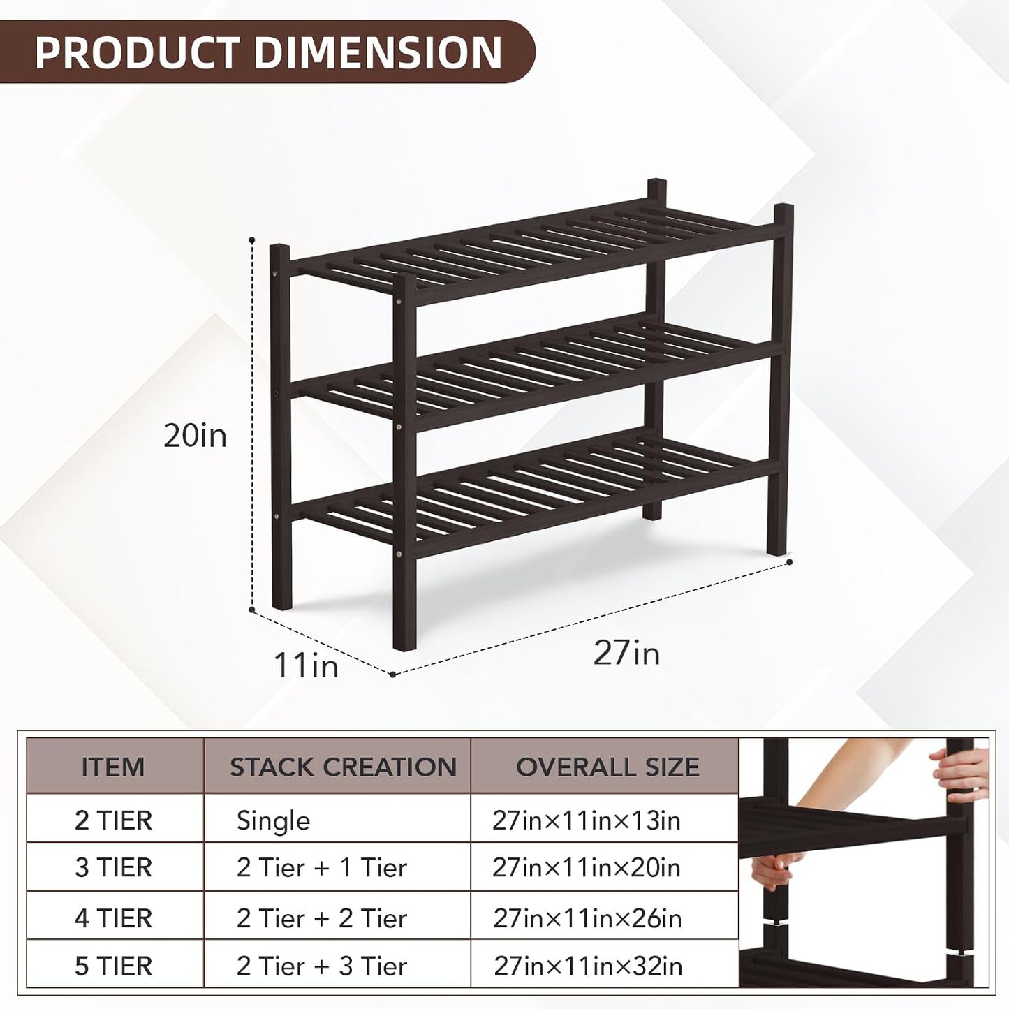 4 Tier Bamboo Shoe Rack Storage Organizer for Closet, Multifunctional Stackable Free Standing Shoe Shelf Organizer for Small Space,Entryway, Hallway, Bathroom27 x11 x26(White, 4 Tier)