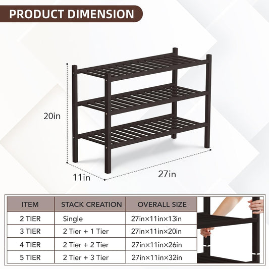 4 Tier Bamboo Shoe Rack Storage Organizer for Closet, Multifunctional Stackable Free Standing Shoe Shelf Organizer for Small Space,Entryway, Hallway, Bathroom27 x11 x26(White, 4 Tier)