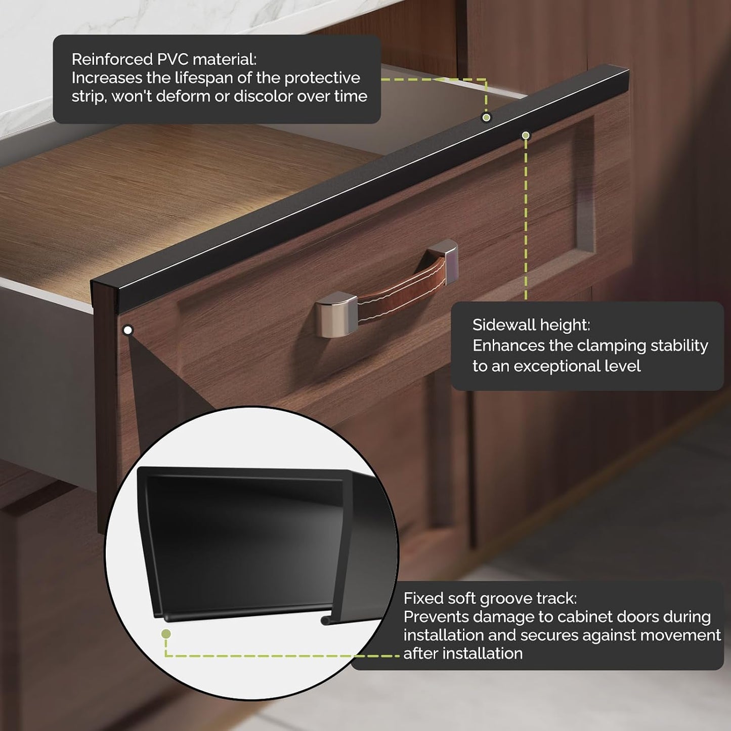 Snugly Fit 18" Length Cabinet Door Protector, Flexible Slip-On Plastic Edge Guard, Thin Transparent Edge Protectors to Prevent Wear, Chipping, Discoloration, Cabinet Bumpers, 3/4" Thick, 2 PCS