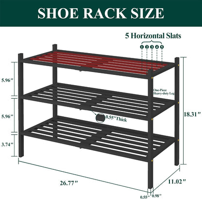 Smiry Bamboo Shoe Rack, 3 Tier Free Standing Wooden Shoe Organizer, Stackable Wood Shoe Storage Shelf for Closet, Entryway, 5 Horizontal Slats, 26.8"x11"x18.3", Natural