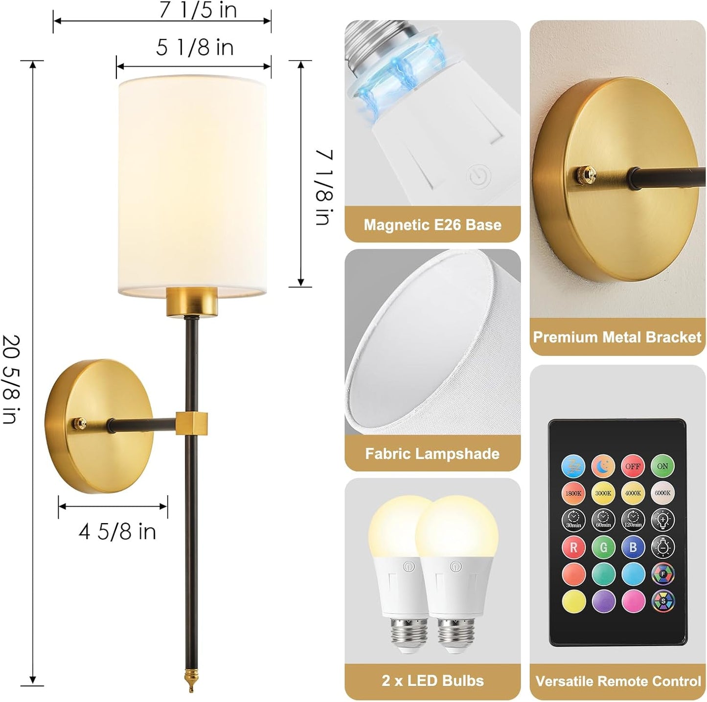 Battery Operated Wall Sconces Set of Two,Wireless Rechargeable Wall Light With Remote Control, Dimmable, Amber Light/Warm White/Natural White/Daylight/RGB, Timer,for Living Room,Bedroom,Entryway,Gold
