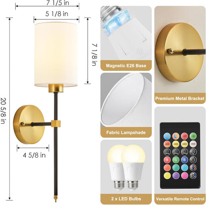 Battery Operated Wall Sconces Set of Two,Wireless Rechargeable Wall Light With Remote Control, Dimmable, Amber Light/Warm White/Natural White/Daylight/RGB, Timer,for Living Room,Bedroom,Entryway,Gold