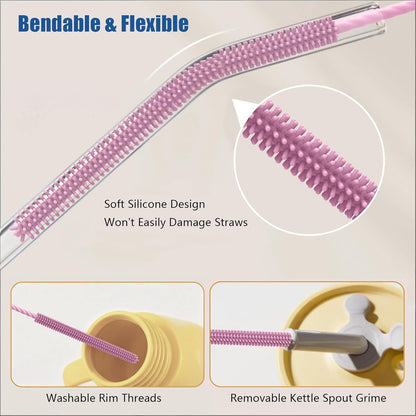 Silicone Straw Cleaner Brush, 2Pcs Reusable Cleaner Brush Extra Long, Straw Brush Bristles Cleaner for Cleaning Stanley Metal Glass Straws Drink Lid 0.24 Inch and 0.35 Inch