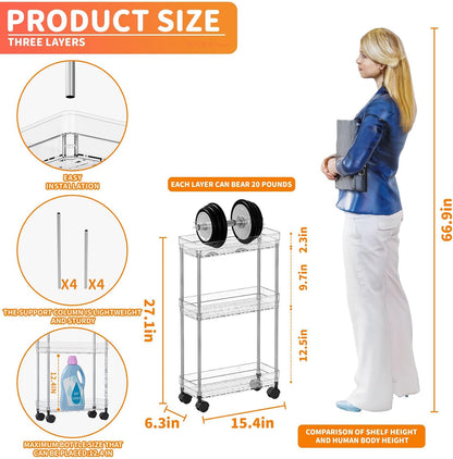 Yieach Clear 3 Tier Slim Rolling Storage Cart with Wheels,6.3″W Thin Shelf,Bathroom Storage Cabinet,Skinny Laundry Cart,Narrow Laundry Room Cart Between Washer and Dryer,Skinny Shelves for Small Space