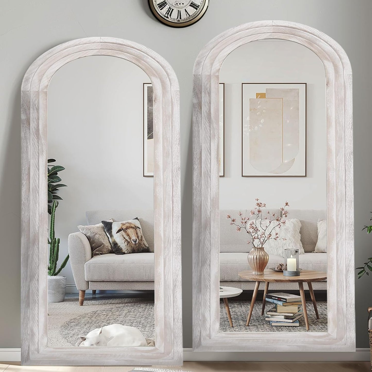 ZHUNFA Arched Full Length Mirror with Solid Wood Frame | 65x22 Farmhouse Wall Mirror Full Length with Stand, Vertical Hanging, Leaning Standing for Bedroom,Living Room, Rustic White