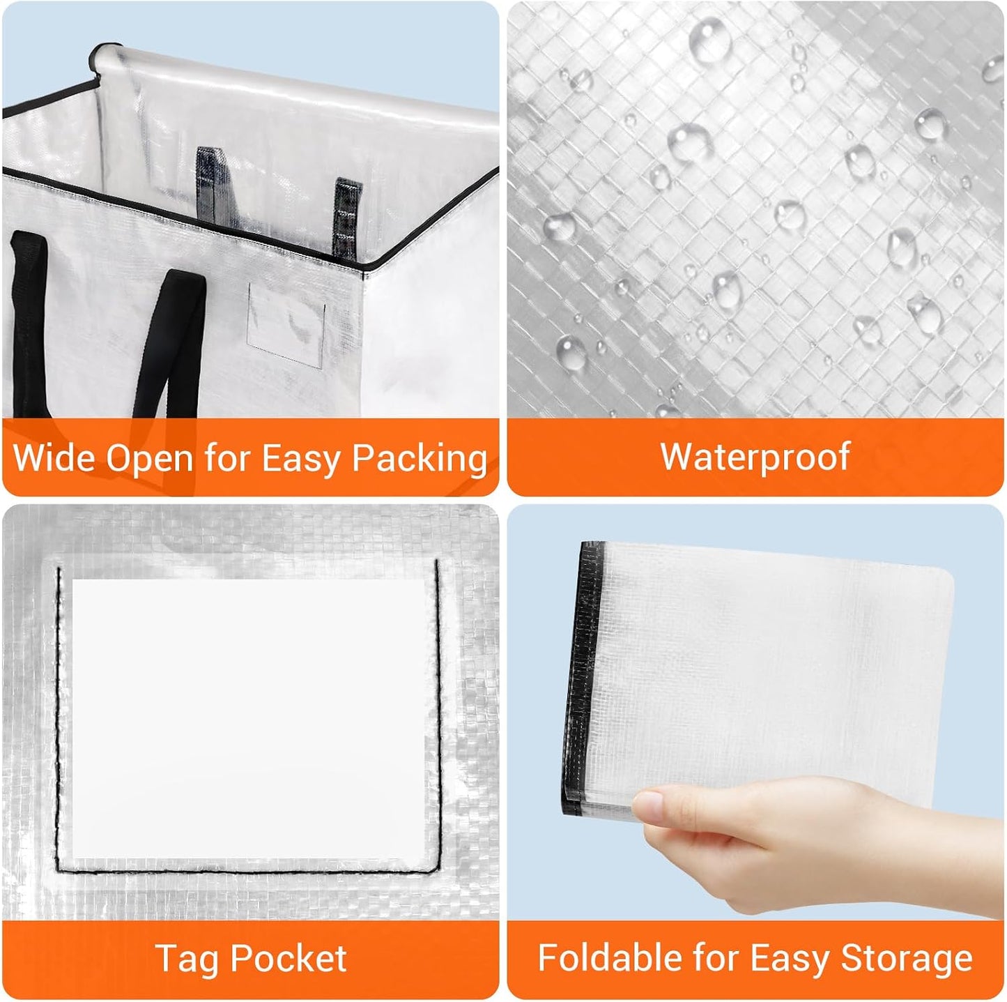 HomeHacks Clear Moving Bags Heavy Duty 4 Pack, Storage Bags with Zipper, Extra Reinforced Handles & Waterproof Packing Boxes for Moving, Camping, Home Organization 93L/24Gal (28.7"x14.2"x14")