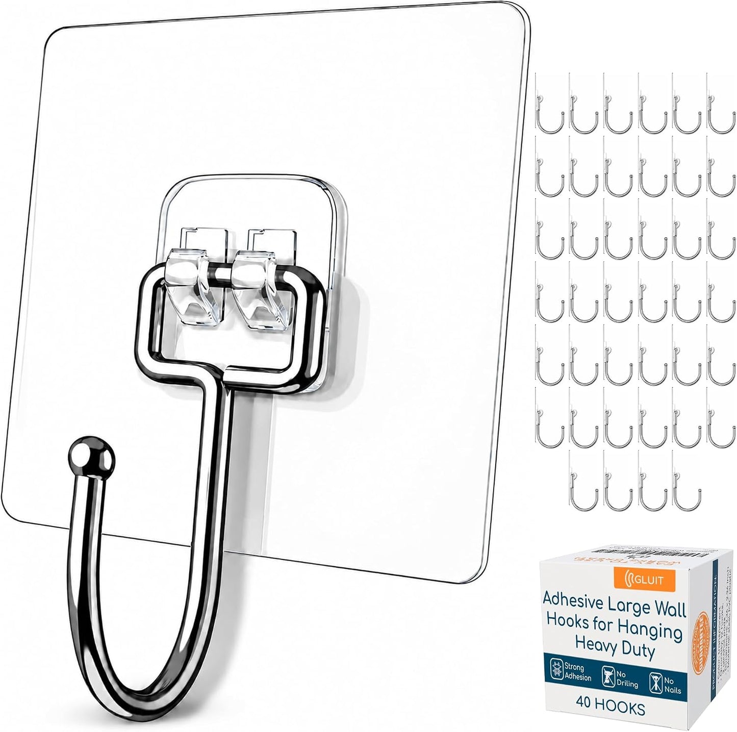 GLUIT Adhesive Wall Hooks for Hanging Heavy Duty 22 lbs Hooks for Walls No Drill, Towel Sticky Clear Hook, Waterproof, Home, Bathroom, Kitchen, Office, and Outdoor 12 Pack
