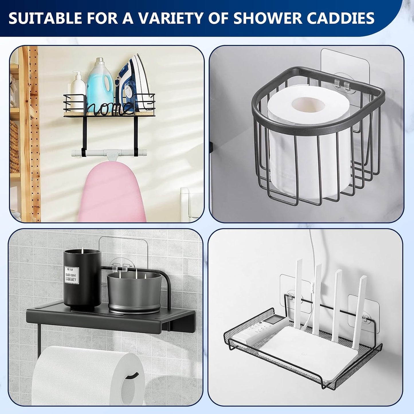 14 Pack Heavy Duty Shower Caddy Adhesive Replacement, 55 LB Hold | Up to 55 LB hold; Waterproof Shower Shelf Adhesive in 3 Hook Styles for Caddies, Shelves, Soap Holders and Racks.
