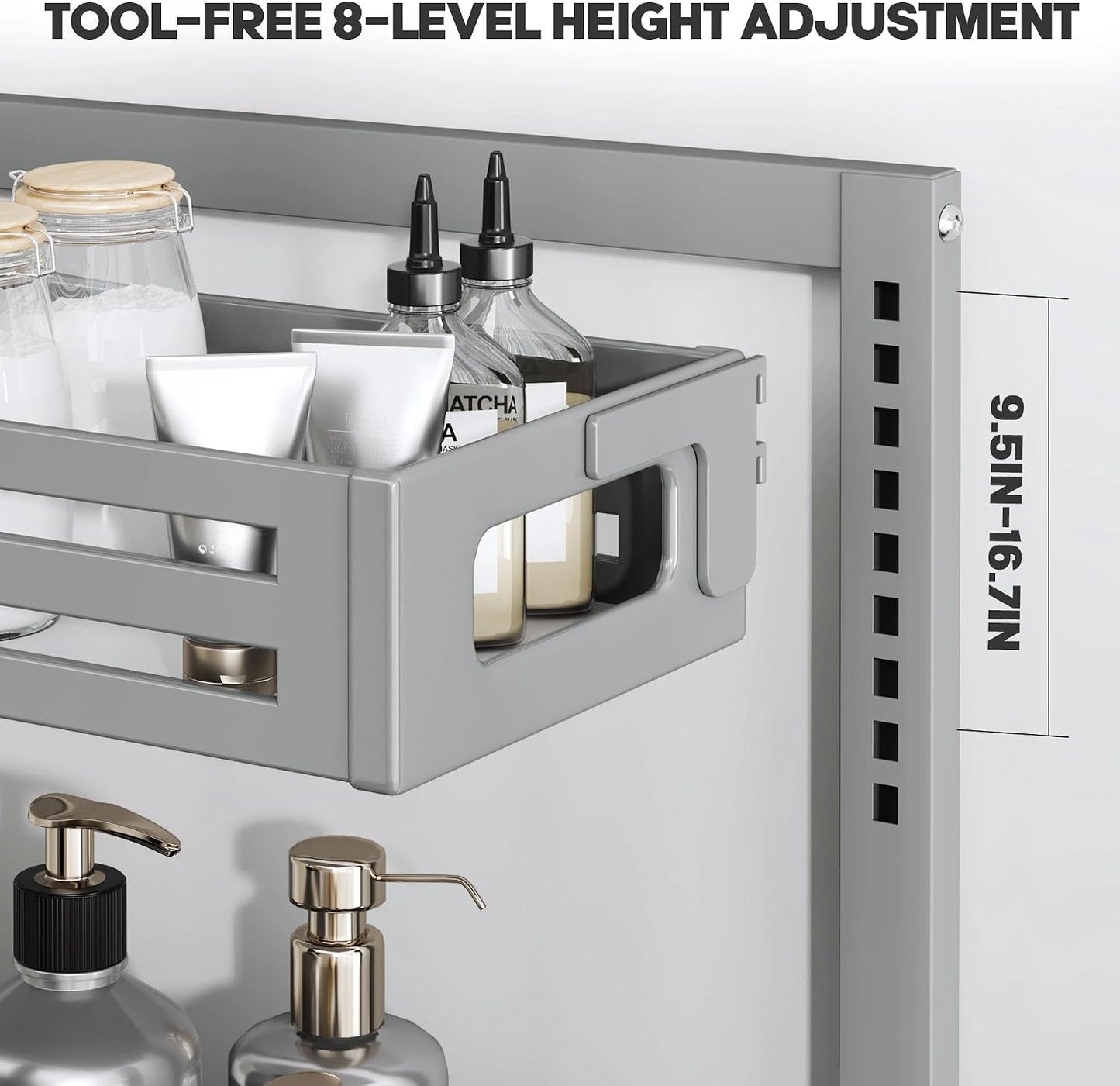 2 Pack Under Sink Organizer,Pull Out Cabinet Organizer with Smooth Cylindrical Rail,Metal Slide Out Drawer for Kitchen Bathroom Laundry Cabinet,8-Level Tool Free Height Adjustable-Black