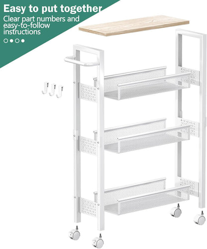 Vivihomety Utility Slim Storage Cart with Wheels, 4 Tier Small Rolling Cart with Wood Top, Metal Kitchen Bathroom Laundry Room Organization Trolley with Handle for Narrow Space – Black