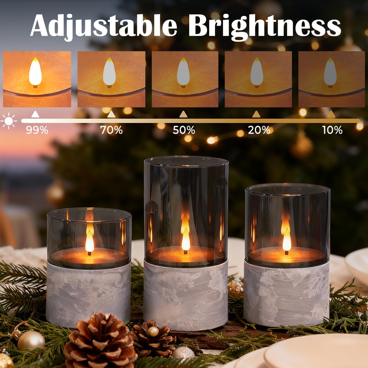 LEDHOLYT Rechargeable Flameless Glass Pillar Candles–Gifts for Women,–Set of 3, Realistic Flickering LED Light,Remote & Timer, Ideal for Living Room, Bedroom & Festival Wedding Home Party Decor