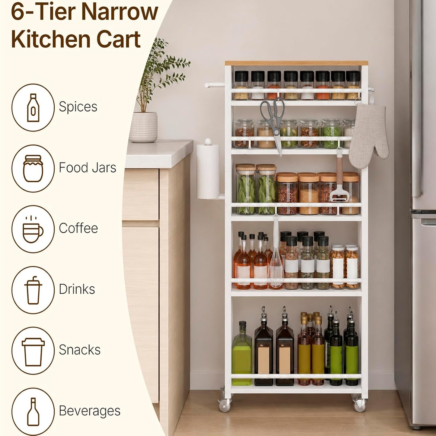 YATINEY 6 Tier Slim Storage Cart, Rolling Utility Cart with 360° Lockable Casters, Handle and 6 Hooks, Space Saving Organizer for Kitchen, Bathroom, Laundry Room, White BC11WN