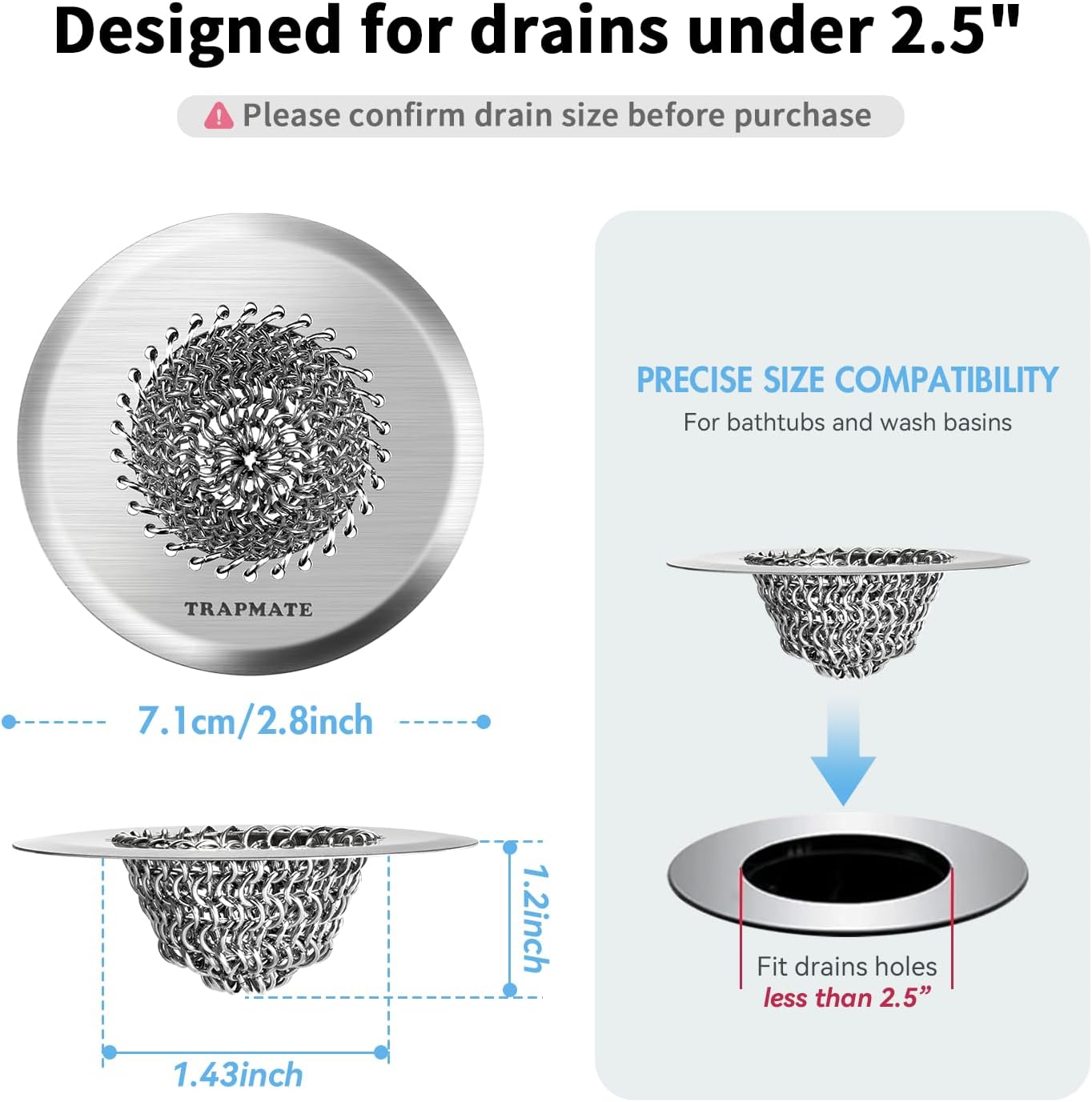 TRAPMATE Shower Drain Hair Catcher, 2.8" Fast Drainage Bathtub Stopper Drain Strainer Kit, Stainless Steel Shower Drain Cover, Bathtub Drain Protector for Sinks & Tubs (Patented Product)