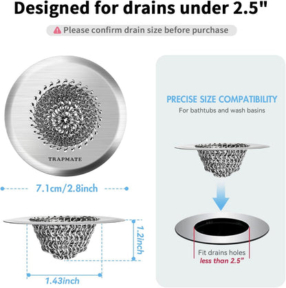 TRAPMATE Shower Drain Hair Catcher, 2.8" Fast Drainage Bathtub Stopper Drain Strainer Kit, Stainless Steel Shower Drain Cover, Bathtub Drain Protector for Sinks & Tubs (Patented Product)