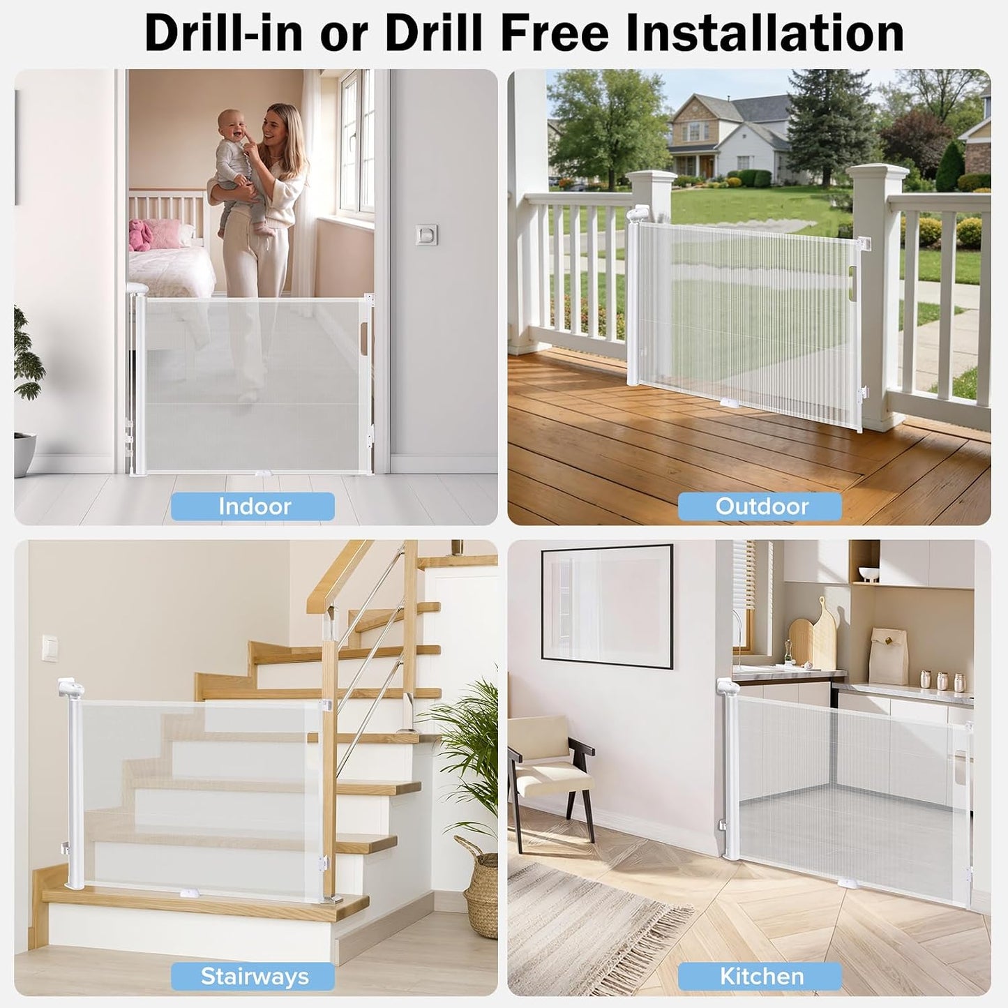 Retractable Baby Safety Gate, 33.8" Tall Extends to 55" Wide, Dual Lock, Adjustable Mounting, Extendable Pet Gate for Hallways, Stairs, Indoor & Outdoor（White）