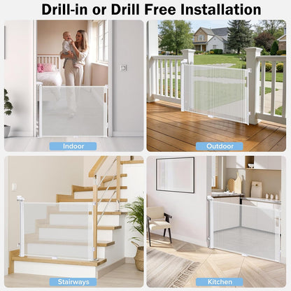Retractable Baby Safety Gate, 33.8" Tall Extends to 55" Wide, Dual Lock, Adjustable Mounting, Extendable Pet Gate for Hallways, Stairs, Indoor & Outdoor（White）