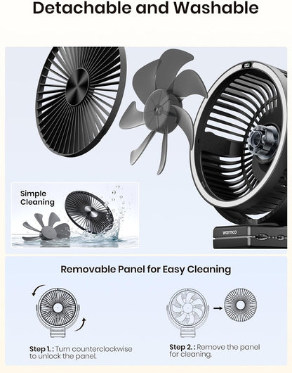 Warmco 15000mAh Clip on Fan with LED Light for Camping and Golf Car | 12-30H Runtime, 300H+ Light, USB-C Two-Way Charging, 3-Level LED Light, Clip Hook Desk Use, 4 Speeds
