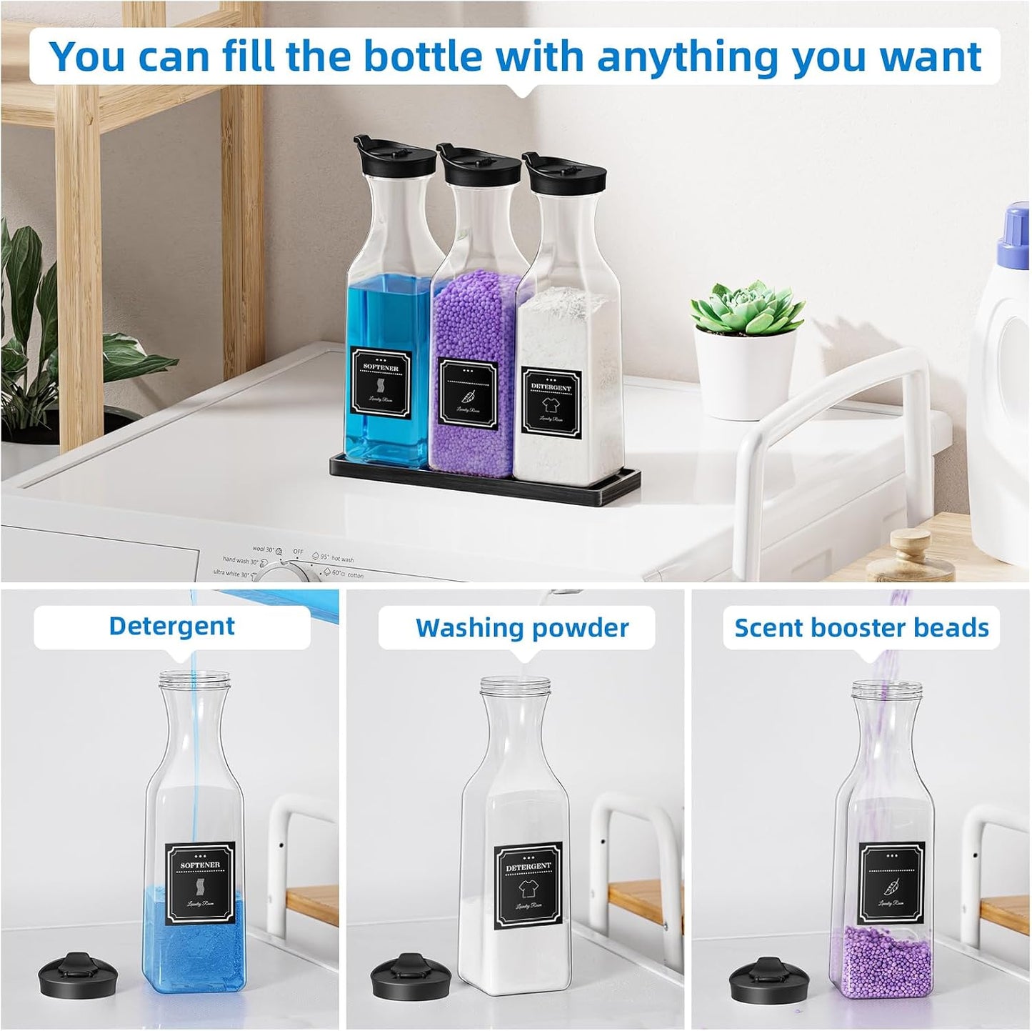 Laundry Detergent Dispenser,54OZ Laundry Soap Dispenser,Liquid Laundry Detergent Container,Fabric Softener Dispenser with Bamboo Wood Tray,Laundry Room Organizer with 4 Labels