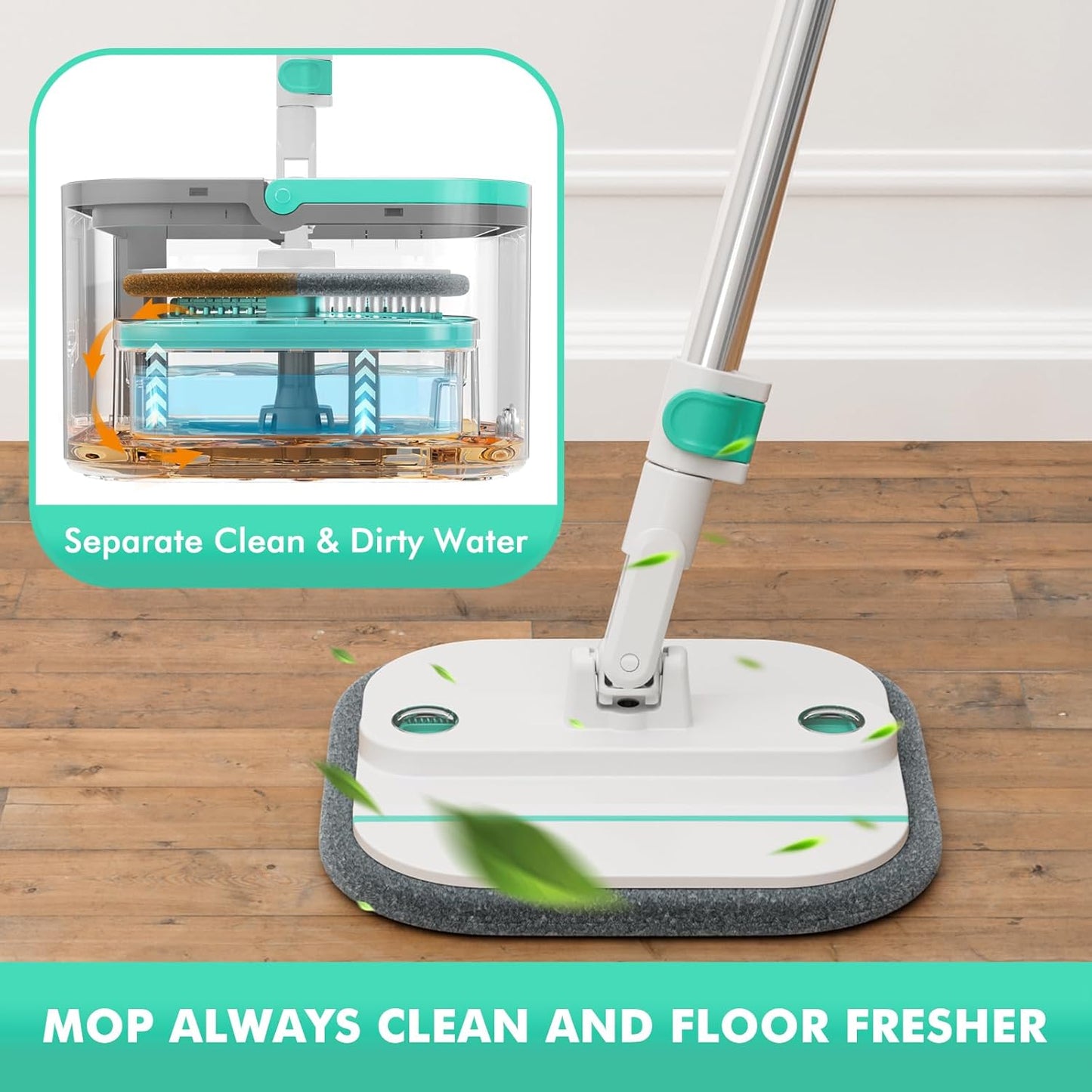Spin Mop and Bucket Set with 2 Replaceable Microfiber Mop Pads with Self Separation Dirty and Clean Water System, Self Wringing 360° Rotating Square Mop Head for Hardwood Tile Marble Floors