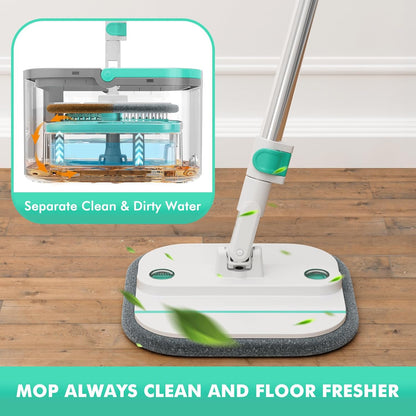 Spin Mop and Bucket Set with 2 Replaceable Microfiber Mop Pads with Self Separation Dirty and Clean Water System, Self Wringing 360° Rotating Square Mop Head for Hardwood Tile Marble Floors
