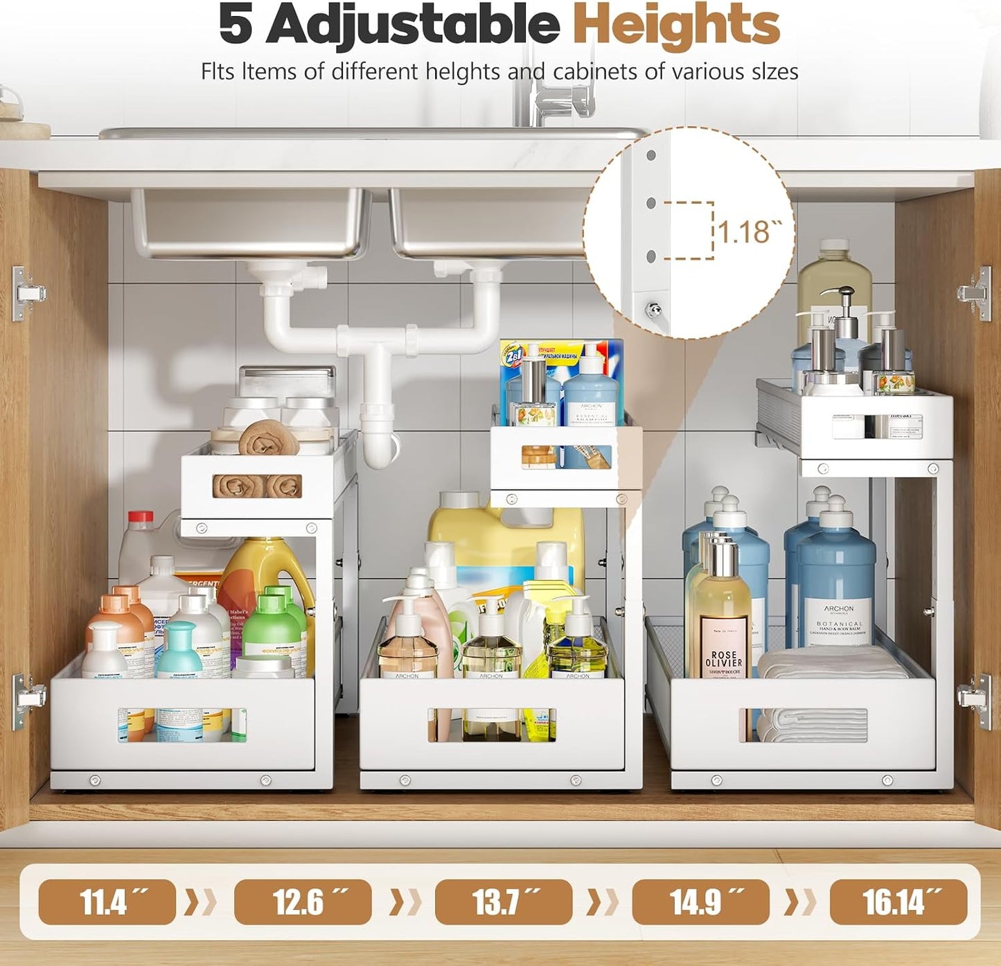 2-Pack Under Sink Storage Organizer, Large 2-Tier Elegant Mesh Pull Out Shelf for Kitchen and Bathroom Cabinet Organization, L-Shaped and Adjustable Height Design,Patent Pending-Black