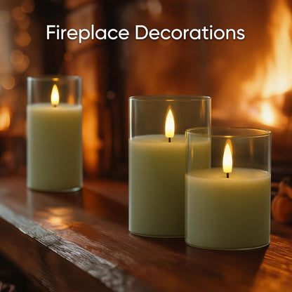 5plots Glass Battery Operated White Flameless Candles with Remote Timer, 3D Wick Real Wax Pillar Led Candles Warm Flickering Light for Indoor Home, Halloween, Christmas Decor, Set of 3, D3 x H4 5" 6"