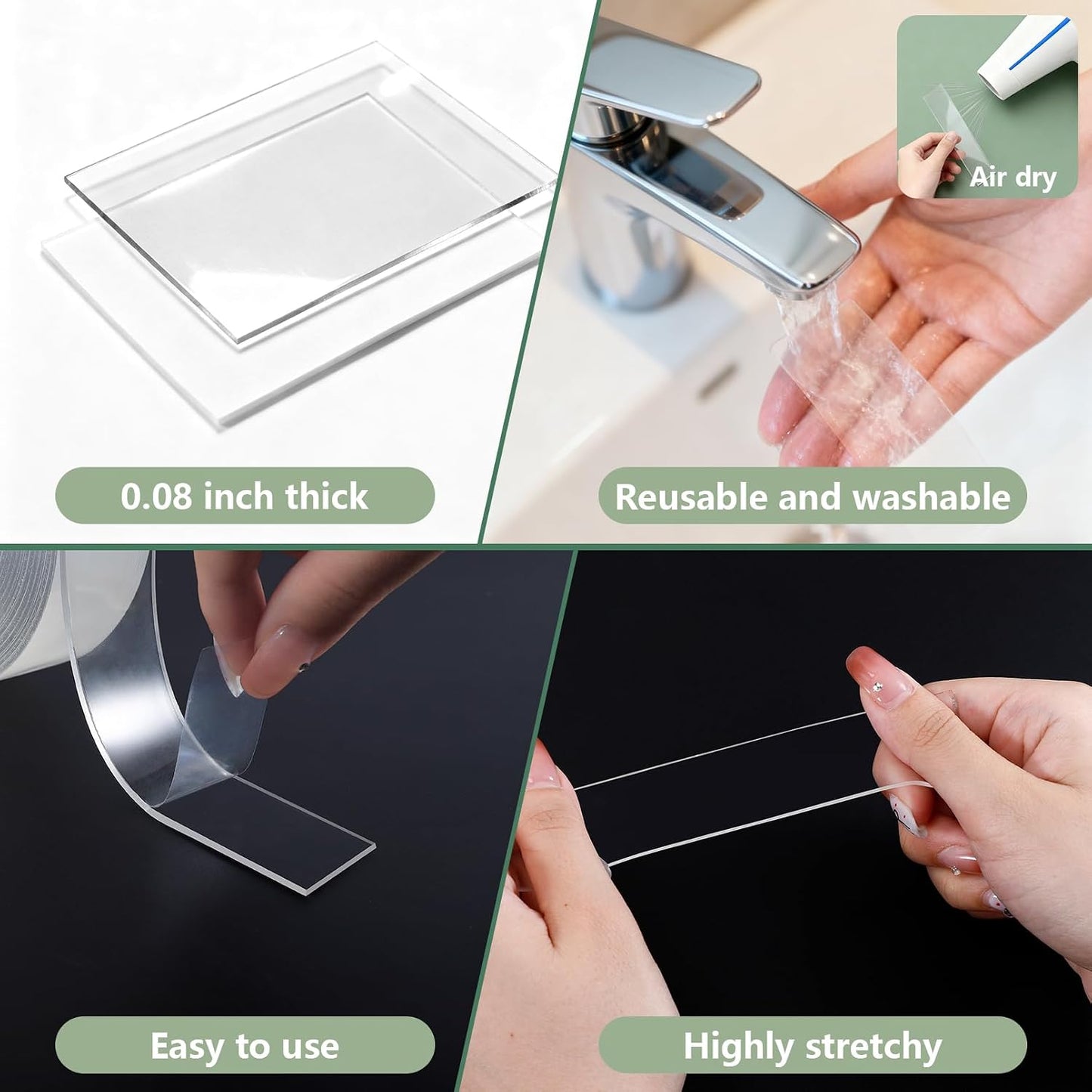 Nano Double Sided Tape, 2 Rolls, Clear, 16.4 Ft | Heavy Duty Clear Mounting Tape, Traceless Removable Nano Tapes, Strong Adhesive, Washable, No Residue