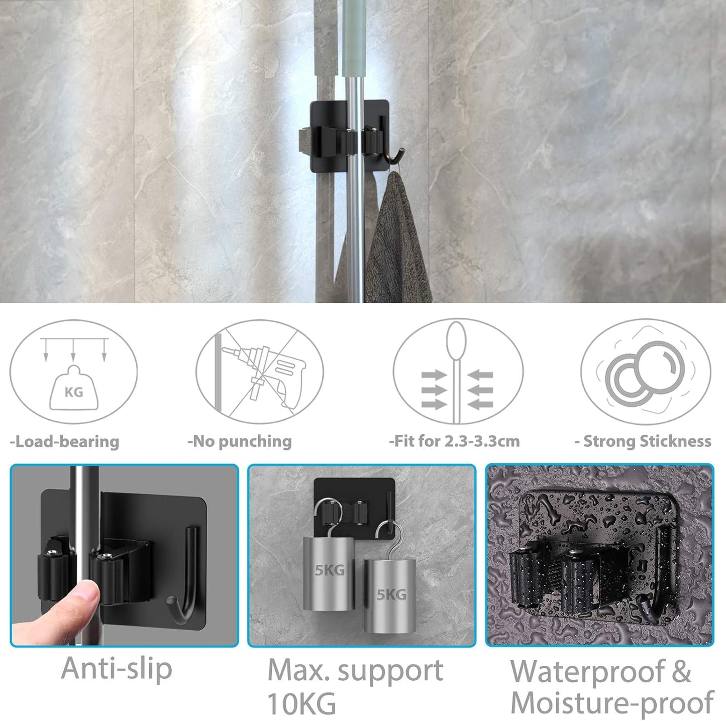 homeasy Mop Broom Holder No Drill, Mop Broom Organizer Wall Mounted Heavy Duty with Hooks Hanger, Self Adhesive Stainless Steel 4Pcs for Bathroom, Kitchen, Office (Silver)