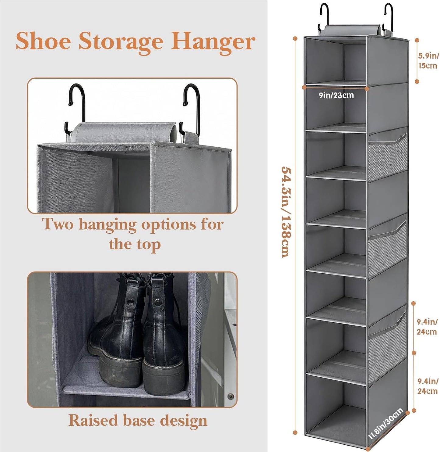Hanging Shoe Organizer for Closet with 8 Shelves,Mesh Pockets-Wider Hanging Shelves for Shoes,Clothes,Hats with Sturdy Bamboo-Supported Design (Beige)
