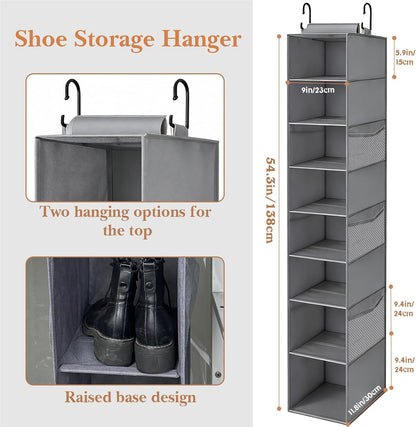 Hanging Shoe Organizer for Closet with 8 Shelves,Mesh Pockets-Wider Hanging Shelves for Shoes,Clothes,Hats with Sturdy Bamboo-Supported Design (Beige)