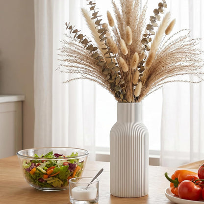 White Ceramic Flower Vases Set of 3, Modern Matte Vertical Ribbed, Nordic Minimalist Decor for Pampas, Dried & Fresh Flowers, Centerpiece for Living Room, Shelf, Entryway, Wedding,Office