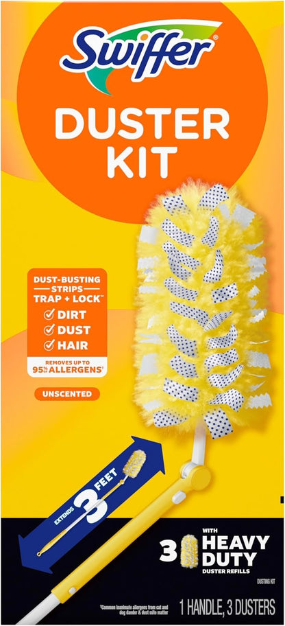Swiffer Duster Kit with 3 ft Extendable Handle | Includes 1 Duster Extendable Handle (3 ft). 3 Heavy Duty Duster Refills. For Ceiling Fans, Vents, and Hard to Reach Places